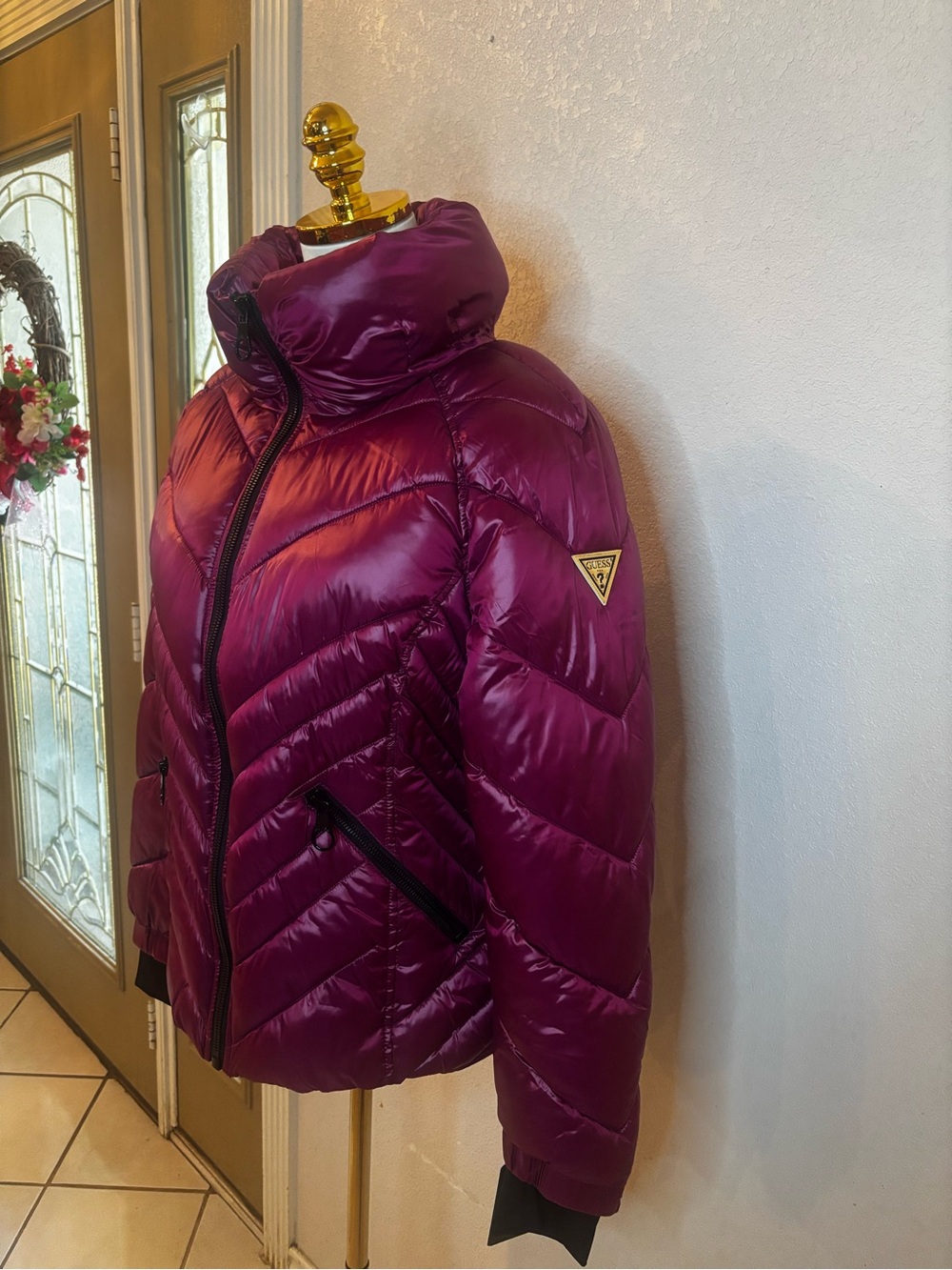 Guess Women's Shiny Quilted Puffer Jacket in Plum